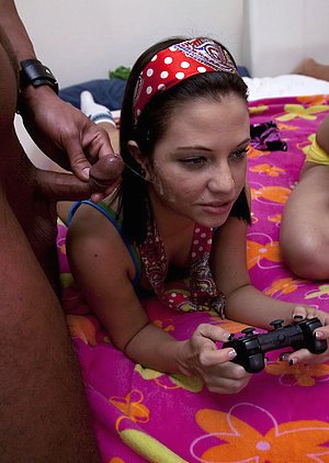 Three gamer girls get covered in cum and fucked, it\'s real hot
